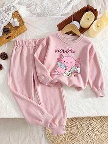 2pcs/Set Girls Toddler Autumn/Winter Cute Cartoon Dinosaur Print Crew Neck Sweatshirt + Jogger Pants Casual Versatile Outfit - Pink - View 1
