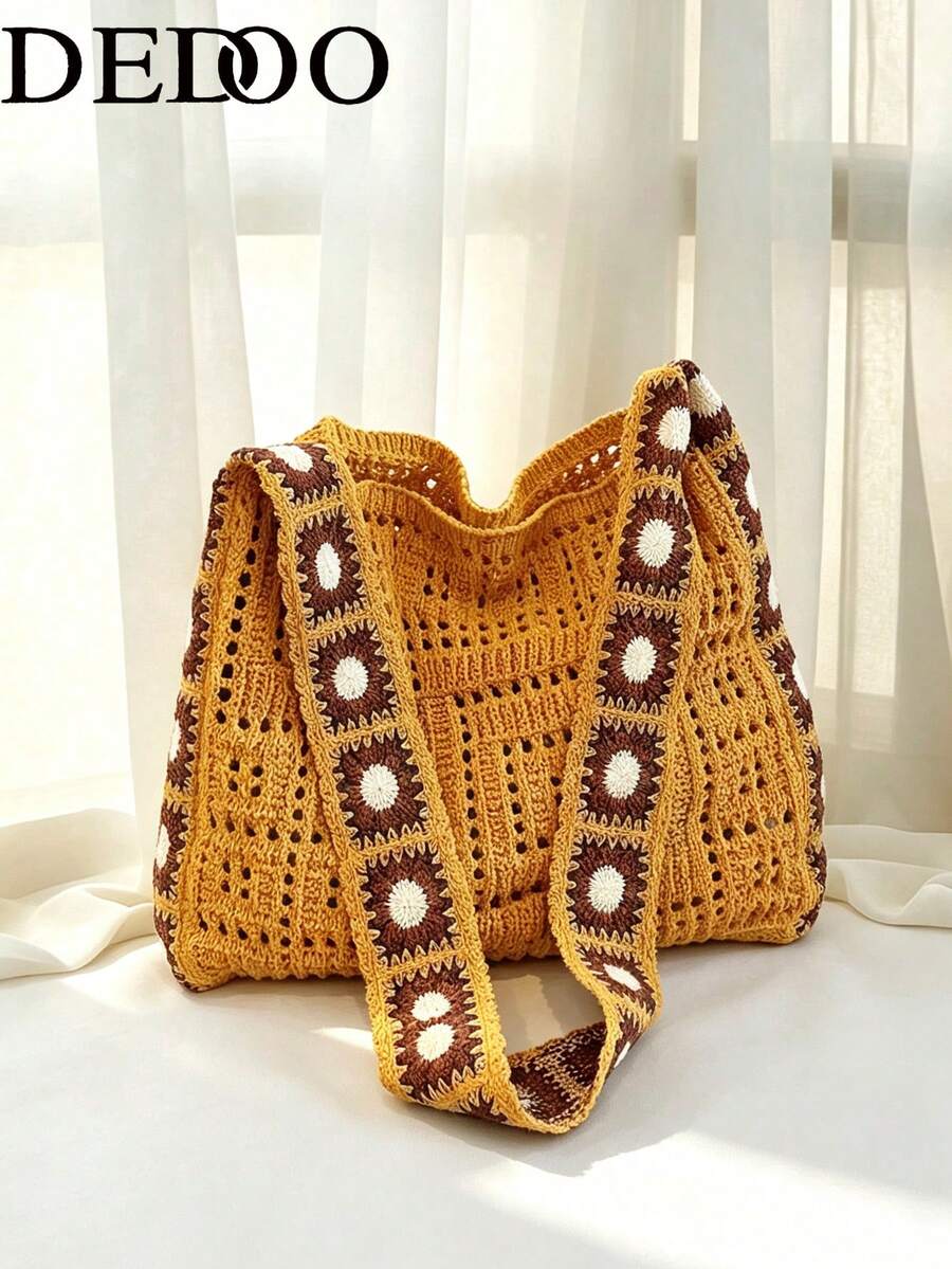 Dedoo Bohemian Style Fashion Women's Summer Crochet Bag, Made Of Polyester Material, Large Capacity Suitable For Casual Outings, Vacations, Beach, Spacious Tote Bag, Vacation Essential, Work, Back To School, Waves, Holidays, Versatile (Shoulder Strap Color/Pattern Random)
