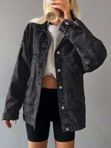 GILIPUR Women's Loose Washed Black Denim Jacket, Lapel Long Sleeve Button Front Loose Fit Streetwear Denim Coat With Pockets - Black - View 4