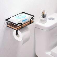 In Stock Solid Wood Wall-Mounted Toilet Paper Holder Bathroom Wooden Wall Shelf Paper Towel Storage Rack For Home - Multicolor - View 7