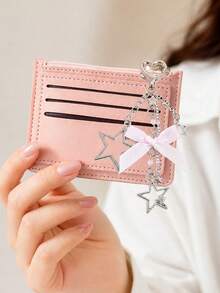 Minimalist Ultra-Thin Card Case, Featuring Delicate Heart-Shaped Star Bowknot Metal Chain Keychain, Money Bag, Card Holder, Wallet,Small Purse - Multicolor - View 8