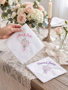 1pc Custom Text Wedding Handkerchief, Personalized Happy Tears Bridal Hankie, Custom Flower Gift For Bride, Mother Of The Bride Groom Keepsake - Multicolor - View 2