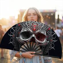 1pc Halloween Kung Fu Fan Gothic Style Exquisite Floral Skeleton Print Handheld Folding Fan, Plastic Black Ribs, Decorative Portable Fan For Daily Use And Theme Parties - One Size Fits All - View 5