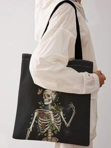 1pc One‑Eyed Skeleton Print Shoulder Tote,Large Capacity For Books,Groceries&Daily Beach Travel School Use.For Students&Women,Great Daily Bag Or Gift - Multicolor - View 12