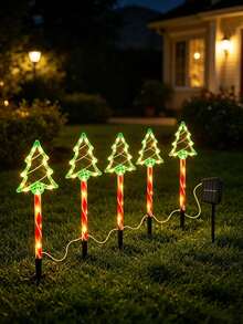 1Set(5Pcs) Green Solar Christmas Tree Stake Lights, LED Candy Cane Ground Plug Lamps, Waterproof Outdoor Pathway Landscape Lights For Yard Lawn Patio Xmas Holiday Decor - Multicolor - View 4