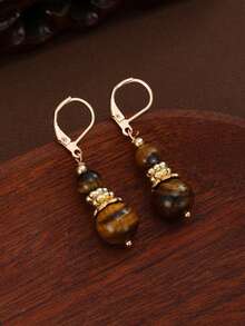 Vintage Tiger Eye Stone Teardrop Pendant Earrings, Women's Gold Teardrop Style Bohemian Exaggerated Earrings, Suitable For Daily Wear And Party, Gift - Earring - View 3