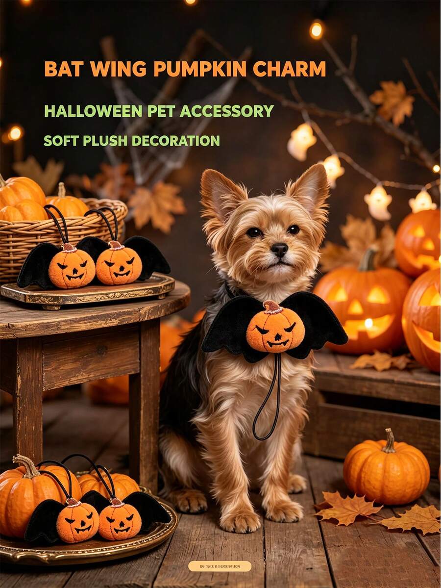Halloween Plush Pet Bow Tie, Exquisite Embroidered Pumpkin Doll With Bat Wing Design, Adjustable Tie, Pet Accessory - Cat & Dog Universal Holiday Party Photo Costume Accessory - Perfect Pet Gift - Black - View 1