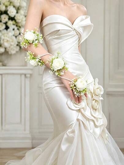 1pc Vintage Elegant White Rose & Pearl Arm Corsage Set, Wedding Accessory, Bohemian Bridal Wrist Flower Arm Decoration