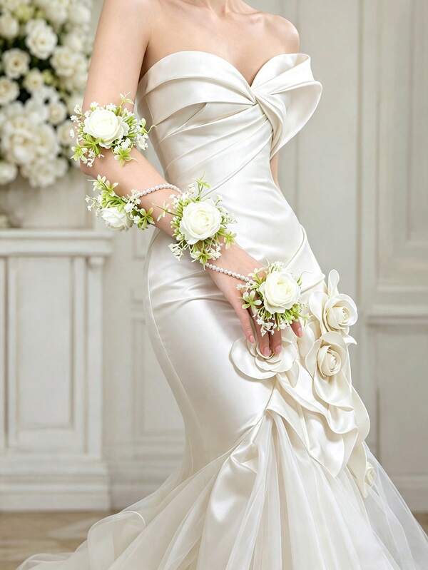 1pc Vintage Elegant White Rose & Pearl Arm Corsage Set, Wedding Accessory, Bohemian Bridal Wrist Flower Arm Decoration
