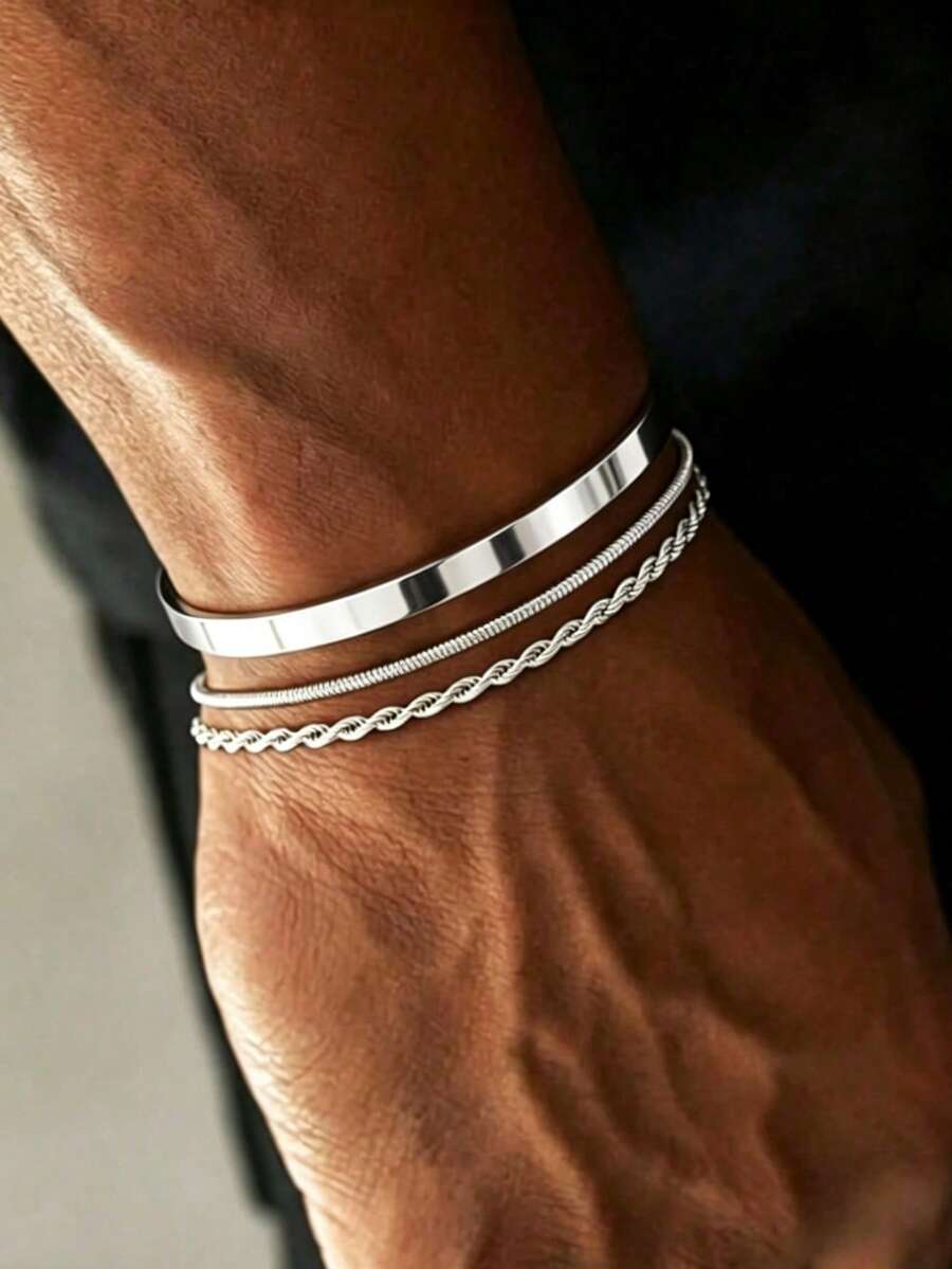 3pcs/1pc Fashion Open Cuff Bracelet Snake Chain Twisted Rope Chain Minimalist Premium Gold Layered Jewelry Fade-Resistant Men's Accessory Suitable For Daily Wear Valentine's Day Gift Back To School Party Banquet - Silver - View 1