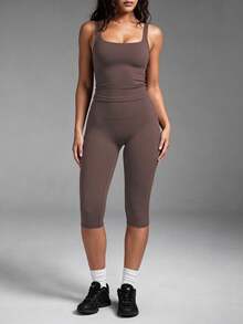 Women's Casual Sports 2 Pieces Set, U-Neck Backless Sleeveless Tank Top With Removable Padded Cups, High-Waisted Slim-Fit Capris, Suitable For Yoga, Running, Outdoor Sports - Brown - View 4