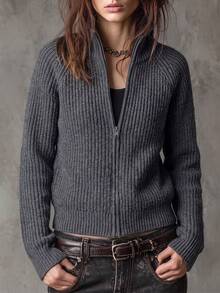 PEONY Women's Autumn Casual Commute Grey Ribbed Stand Collar Zipper Short Knit Cardigan, Suitable For Party, Beach, Commute, Office, Birthday Party - Grey - View 3