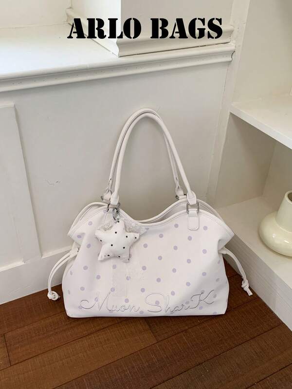 Polka Dot Print Tote Bag With Star Charm Decor, Large Capacity Storage, Adjustable Drawstring, Sweet Casual Style Tote Bag, Handheld And Shoulder Carry, Suitable For School, Commuting, Shopping, Travel, Meets Daily Travel Needs, Creates Fresh Atmosphere, Easily Matches Various Outfits, Practical And Stylish