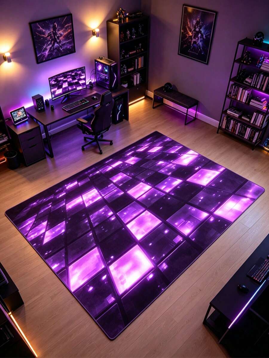 1pc Purple Black Glowing Plaid Floor Mat, Living Room Rug, Carpet, Bedroom Rug, Large Rug, Floor Mat, Living Room Large Rug
