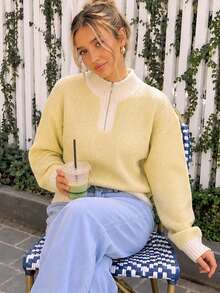 Women's Chunky Knit Half Zip Up Sweater, Beige Waffle Stitch Long Sleeve, Oversized Casual Solid Color Pullover With Ribbed Cuffs- - Yellow - View 8