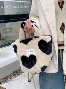 Autumn/Winter Cow Print Heart Plush Tote Bag, Sweet Style Large Capacity Commuter Fuzzy Handbag - White - View 4