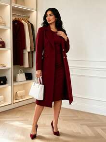 Women's Elegant 2-Piece Set, Solid Color Long Sleeve Cardigan Jacket + Sleeveless Midi Dress, Suitable For Spring, Autumn And Winter - Burgundy - View 4