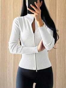 Women's Ribbed Knit Wool Cardigan, Double Zipper Stand Collar, Short Slim Fit, Medium Stretch, Suitable For Autumn/Winter Warm Wear White - White - View 4
