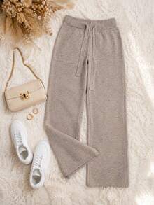 Pantalón de pierna ancha para mujer. Sin bolsillo. Ajuste de cintura natural, cordón tipo cinta ajustable. Textura suave, sin estampado. Interior fresco y muy cómodo. - Beis - Ver 6