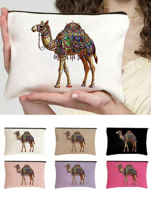 Boho Colorful Camel Print Zipper Cosmetic Pouch, Portable Travel Makeup Storage Bag, Multi-Color Toiletry Organizer Purse, Lipstick Jewelry Sanitary Pad Storage Bag, Holiday Gift For Women Friends,Gift For Women