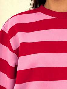Women's Pink Colorblock Classic Fashion Striped Y2K Outfit Set, Back To School Autumn Apparel, Round Neck Long Sleeve Drop Shoulder Loose Pullover Sweatshirt With Warm Fleece Lining - Pink - View 9