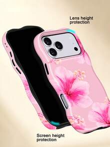 KOOLIFE 1pc Tropical Floral Wavy Border Shockproof Phone Case, TPU+PC 2-In-1 Dual Layer Anti-Scratch Glossy Protective Shell, Hibiscus/Lily/Oil Painting Floral Pastoral Style Ins Summer Bohemian Fashion Design, Raised Camera Bezel, Holiday Gift Phone Case, Compatible With Apple 18/17/17 Pro/17 Pro Max/16/15/14/13/12/11 - Pink Hibiscus - View 5