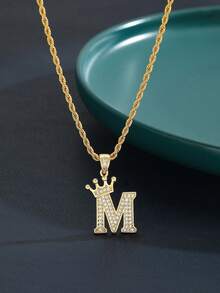 1pc Gold Crown Initial Pendant Necklace, Shiny Rhinestone Rope Chain, Hip Hop Style Jewelry, Street Party Daily Wear Gift For Boys And Girls - Gold - View 2