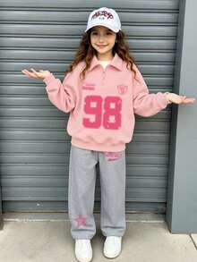 2pcs/Set Girls Outfit, Includes Half-Zip Casual Printed Sweatshirt And Minimalist Wide-Leg Pants, Suitable For Autumn/Winter Holiday/Outing Wear - Pink - View 2