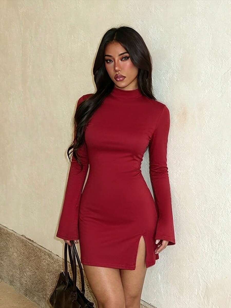 1pc Solid Color Sexy Knit Fabric Dress For Vacation Autumn - Burgundy - View 1