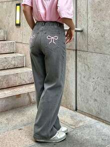 Celana Jeans Longgar Kasual Nyaman untuk Remaja Perempuan dengan Bordir Pita, Potongan Lurus dan Lebar - Grey - View 4