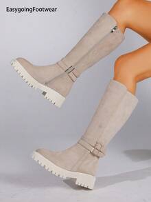 Beige Double Buckle Thick Sole Side Zipper Autumn/Winter Versatile Non-Slip Chunky Heel Tall Boots - Beige - View 2