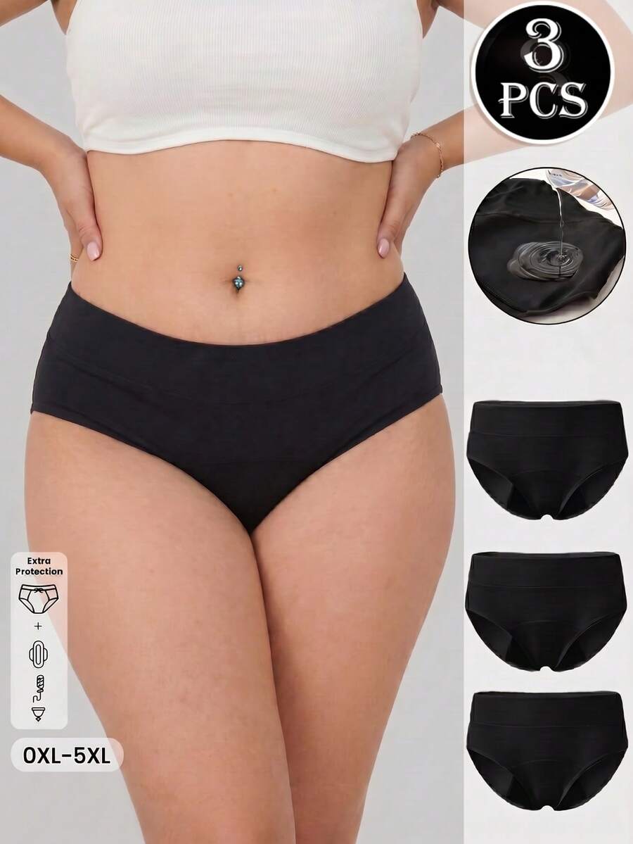 3件組大尺碼生理期內褲 0XL-5XL 高腰舒適內褲 日常穿著防護 - 黑色 - 查看 1