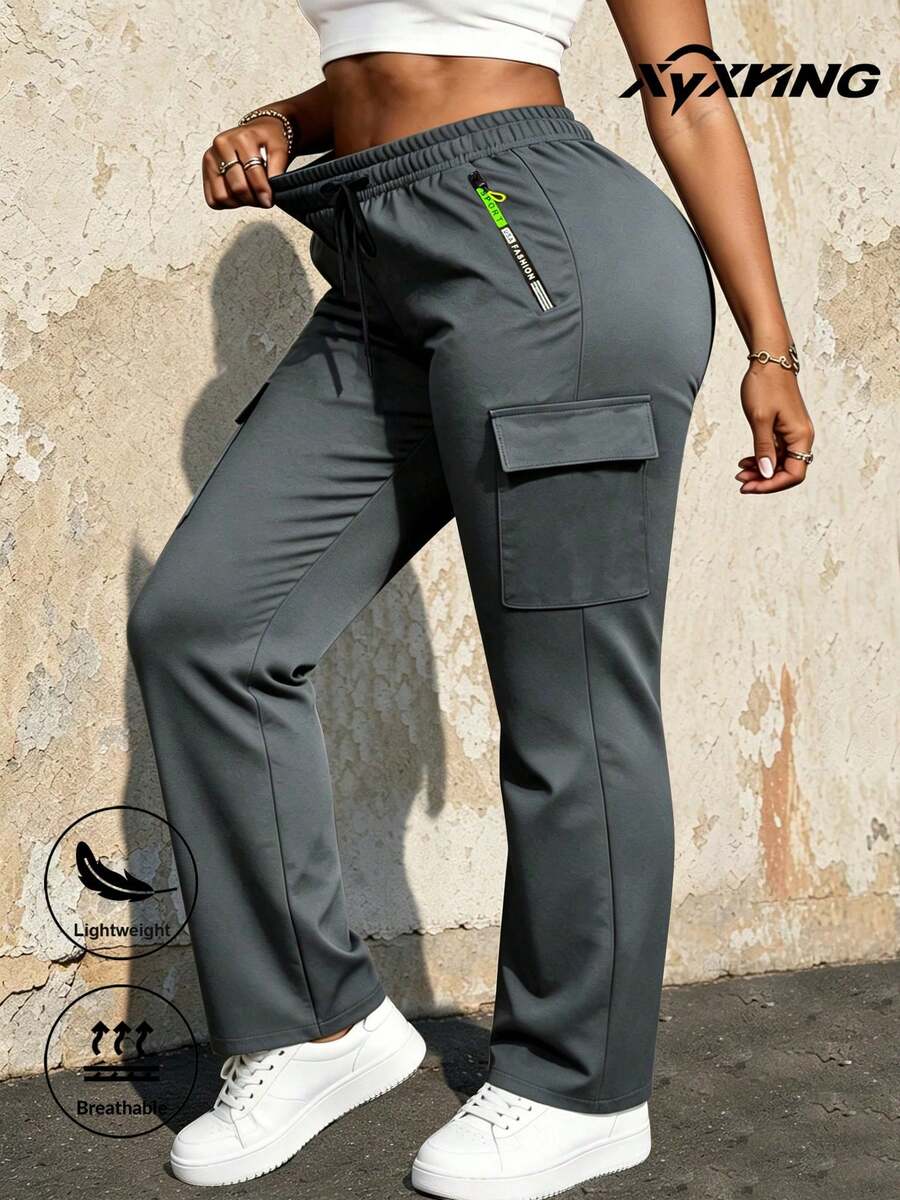 XYXYING Women's Spring/Autumn Long Pants With Zipper Pockets, Drawstring Elastic Waist, Lightweight Cargo Casual Sports Pants