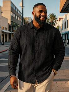 Men's Plus Size Shirt, Autumn Knit Textured Fabric Casual Plus Size Top, Solid Color Single-Breasted Long Sleeve Plus Size Men's Clothing - Black - View 4