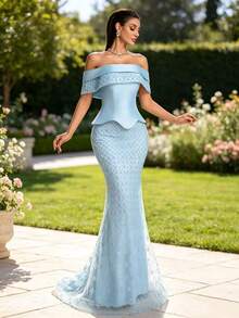 AMILUCK High-End Fashion Women's Elegant Sequin & Pearl Decor Matte Satin Square Neck Ruffle 2-In-1 Fitted Mermaid Evening Dress, Suitable For Formal Occasions, Weddings, Autumn - Baby Blue - View 2