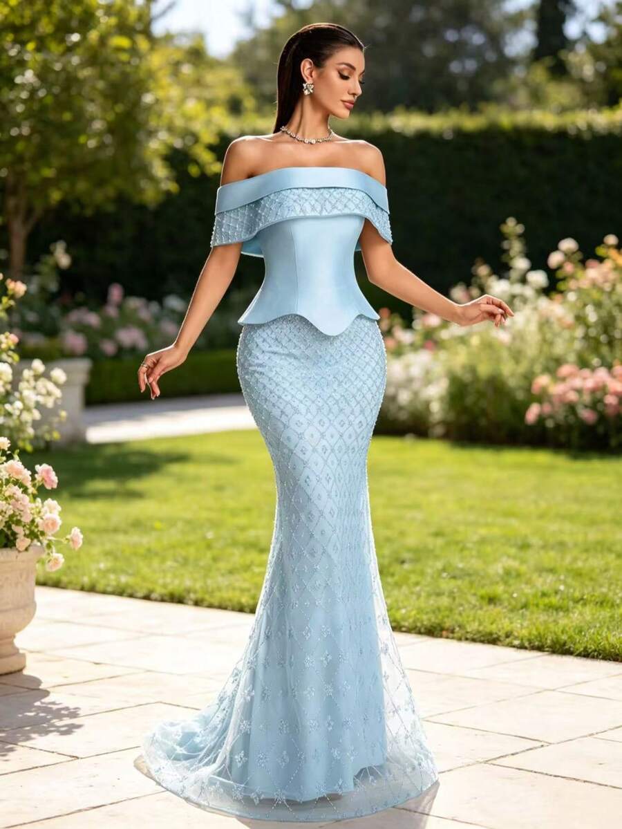 AMILUCK High-End Fashion Women's Elegant Sequin & Pearl Decor Matte Satin Square Neck Ruffle 2-In-1 Fitted Mermaid Evening Dress, Suitable For Formal Occasions, Weddings, Autumn
