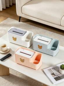 1pc Multifunctional Plastic Tissue Box With Side Storage Compartments, Cute Bear Decor Napkin Dispenser Holder For Remote Controls Small Items, Desktop Tissue Organizer For Coffee Table Living Room Bedroom Dorm Home Decoration - Multicolor - View 4