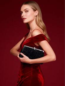 Dedoo Women's Evening Clutch Bag, Rectangular Hard Frame, 3D Petal Floral Pattern, Rhinestone Trim, Elegant Gothic Glamour Style, Suitable For Cocktail Parties, Banquets, Balls - Black - View 4