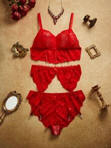 PinupPomp Fashionable Vintage Red Lace Patchwork Plus Size Sexy Lingerie Set 3pcs - Red - View 15