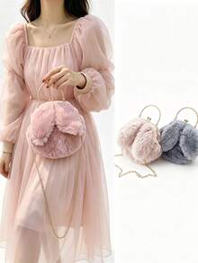 Soft Cute Healing Sweet Style Girl Plush Round Bag With Metal Handle Chain Crossbody Bag, Bubble Skirt Matching Small Bag For Autumn/Winter - Multicolor - View 3