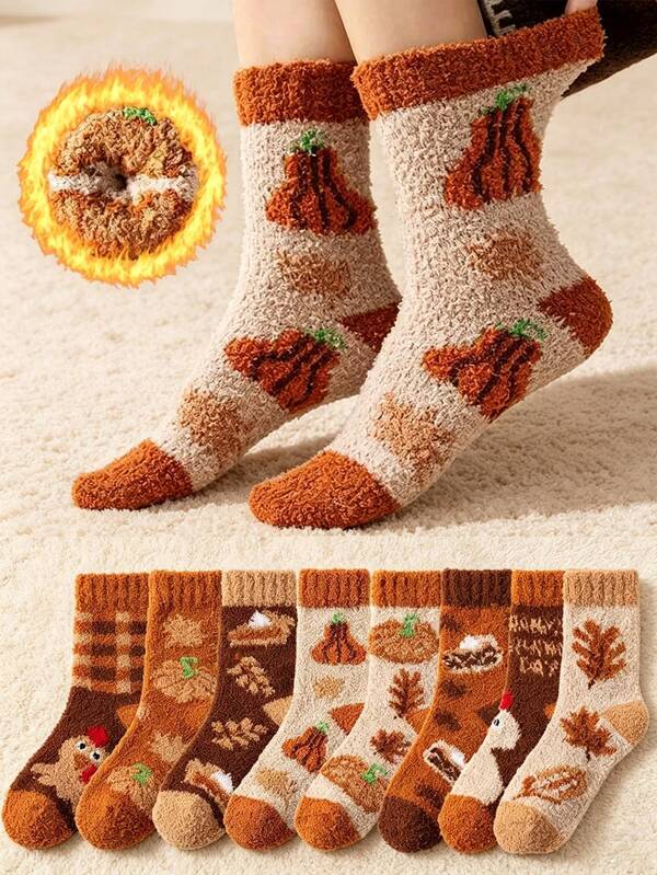 3/5/8 Pairs Random Thanksgiving Coral Fleece Mid-Calf Socks, Pumpkin Turkey Maple Leaf Autumn/Winter Thickened Home Socks For Women