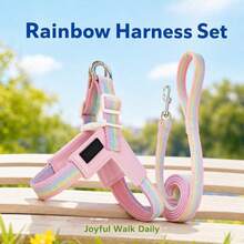 2pcs Rainbow Dog V-Shaped Harness Set, Adjustable Y-Shaped Harness With Leash, Comfortable Neck Protection, Suitable For Medium And Small Dogs For Daily Walking And Training, Prevents Pet Escape, Small Dog Harness, Medium Dog Harness, Harness + Leash - Multicolor - View 1