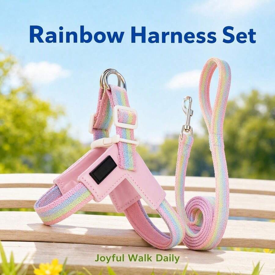 2pcs Rainbow Dog V-Shaped Harness Set, Adjustable Y-Shaped Harness With Leash, Comfortable Neck Protection, Suitable For Medium And Small Dogs For Daily Walking And Training, Prevents Pet Escape, Small Dog Harness, Medium Dog Harness, Harness + Leash - Multicolor - View 1