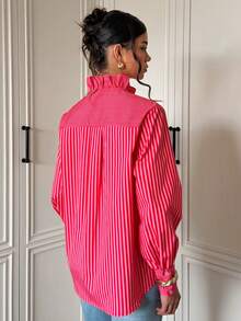Blus Wanita Bergaris Kancing Depan dengan Hiasan Ruffle, Kerah Tegak, Lengan Panjang, Gaya Vintage Preppy Kasual Chic, Potongan Longgar - Garis-garis merah muda - View 4