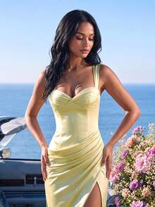UNITHORSE Spaghetti Strap Ruffle Waist Satin Elegant Dress - Yellow - View 4