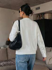 VIBEWAVE White Bow Rhinestone Single-Breasted Loose Long Sleeve Knit Cardigan Women Sweet Cool Luxury Hot Girl Style Spring Autumn Outerwear Top - White - View 6