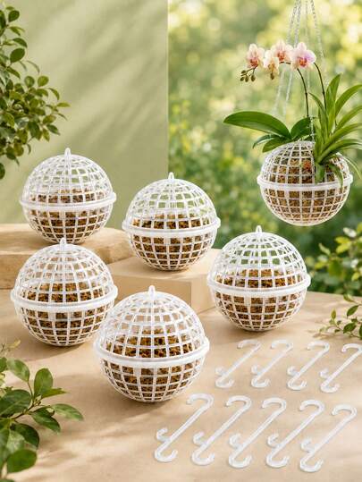 2/4/6/10/20pcs Hanging Orchid Basket Planter, Plastic Moss Ball Pot With Hook And Drainage Hole, Air Plant Succulent Root Growth Container, Suitable For Indoor/Outdoor Wall Balcony Living Room Garden Decoration, Home Gardening Supplies