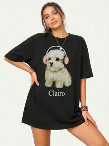 Damen Retro Clairo Grafik T-Shirt, Oversized Kurzarm Baumwoll Top, süßer Welpe mit Kopfhörern Pop Musik Fan Casual T-Shirt - Schwarz - Übersicht 3