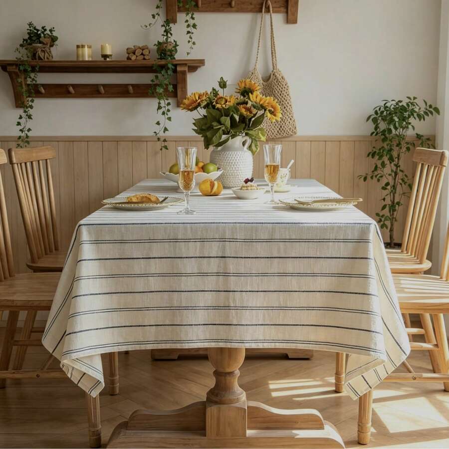 1pc Minimalist Blue Striped Textured Solid Color Tablecloth, Atmosphere-Enhancing, Festive Wedding, Light Luxury, High-End, Rectangular/Round Table Cover - Multicolor - View 1