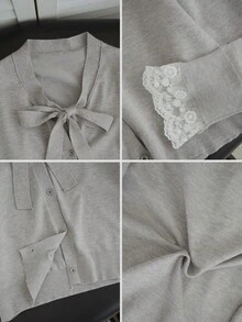 Autumn/Winter New Long Sleeve V-Neck Niche Design Vintage Unique Bow Tie Lace 2 In 1 Knit Sweater Top - Grey - View 9
